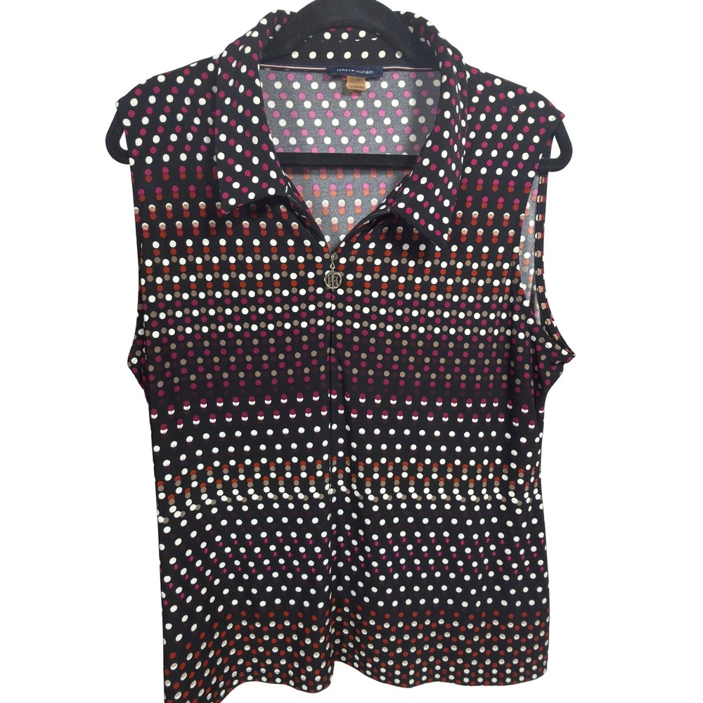 Tommy Hilfiger Polo Top XL Womens Sleeveless Quarter Zip Polka Dot Black Multi